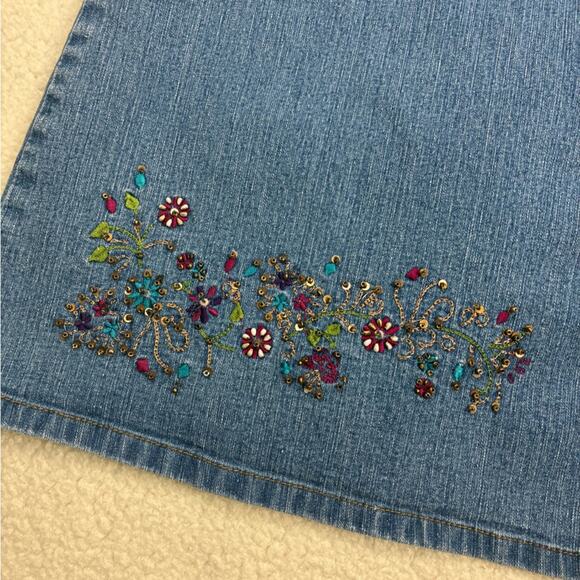Vintage Papagallo Denim Midi Skirt Womens 10 Blue Jean Floral Beaded - Picture 2 of 8